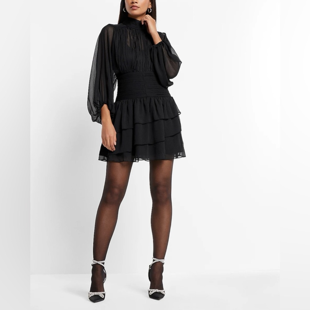 Express Mock Neck Long Sleeve Pleated Waist Tiered Ruffle Mini Dress